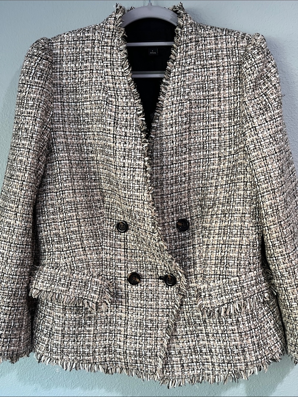 Ann Taylor Black and White Tweed Frayed-Edge Double-Breasted Jacket